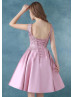 Scoop Neck Pink Lace Satin Knee Length Prom Dress